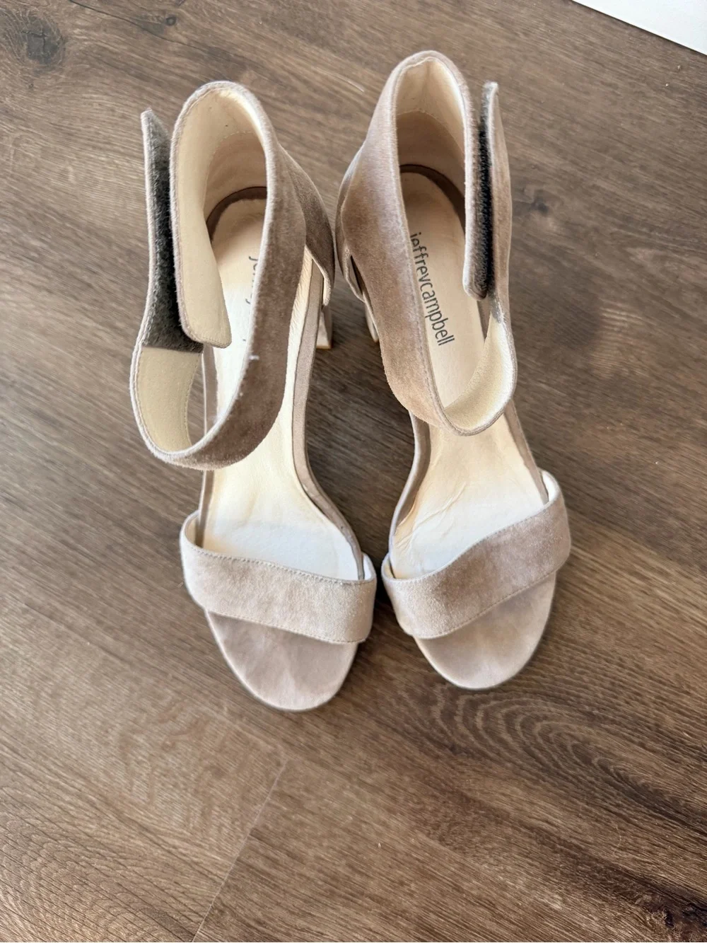 Jeffrey Campbell Taupe Suede Block Heel Sandals with Ankle Strap